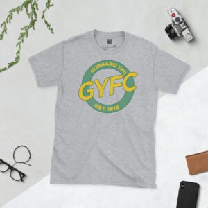 A sports grey Adult Gurnard YFC circular badge anniversary tee with EST. 1975, unisex sizes S-XXXL.
