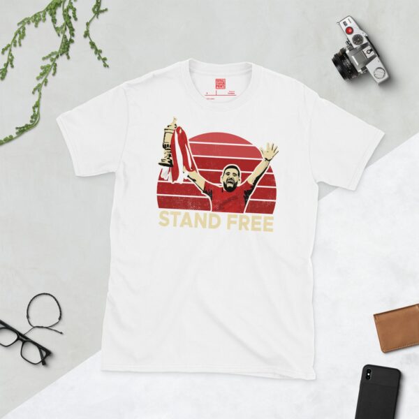 Aberdeen FC Scottish Cup Winners T-Shirt in White – Graeme Shinnie Lifting Trophy with "STAND FREE" Text