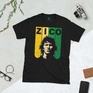 Black T-Shirt: Zico Brazil T-Shirt in Black – Green/Yellow Column Design with ZICO Cut-Outs and Stencil Art
