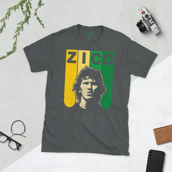 Dark Heather T-Shirt: Zico Brazil T-Shirt in Dark Heather – Green/Yellow Column Design with ZICO Cut-Outs and Stencil Art