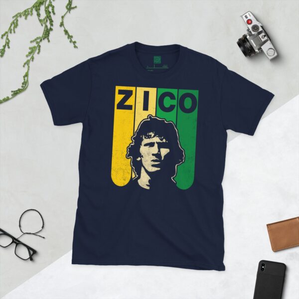 Navy T-Shirt: Zico Brazil T-Shirt in Navy – Green/Yellow Column Design with ZICO Cut-Outs and Stencil Art
