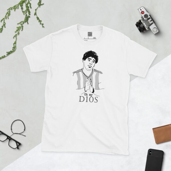 Diego Maradona Argentina T-Shirt in White – Line Art of Maradona Praying with "Oh My D10S" Text