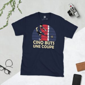 PSG 2025 Champions League T-Shirt in Navy – Doué Scoring with Sunburst and "Cinq Buts, Une Coupe" Text