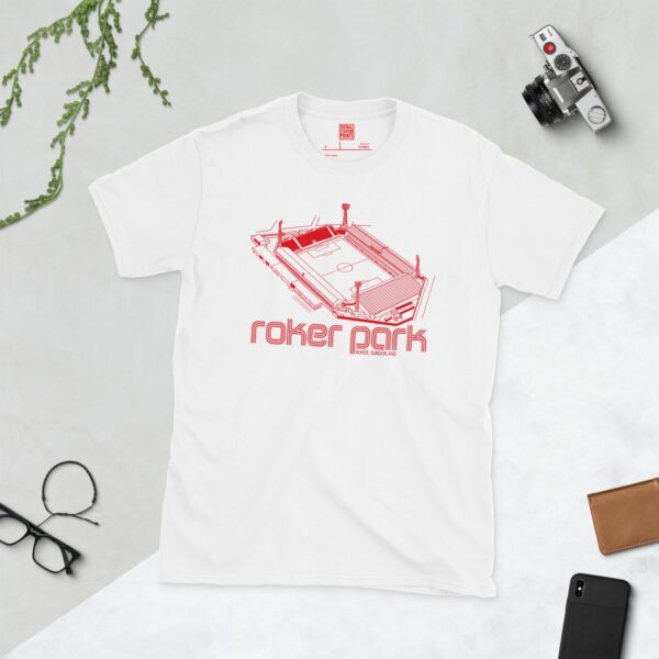 Roker Park Sunderland AFC T-Shirt in White – Isometric Stadium Graphic with Triple-Line "ROKER PARK" Text