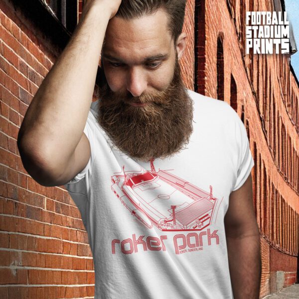 A cool man with a beard wearing a white t-shirt featuring Roker Park, former home of Sunderland AFC.