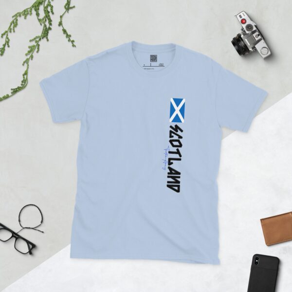 Vertical Scotland Flag T-Shirt in Blue – Saltire with "SCOTLAND" Text and Tartan Army Script
