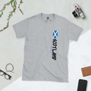 Vertical Scotland Flag T-Shirt in Sports Grey – Saltire with "SCOTLAND" Text and Tartan Army Script