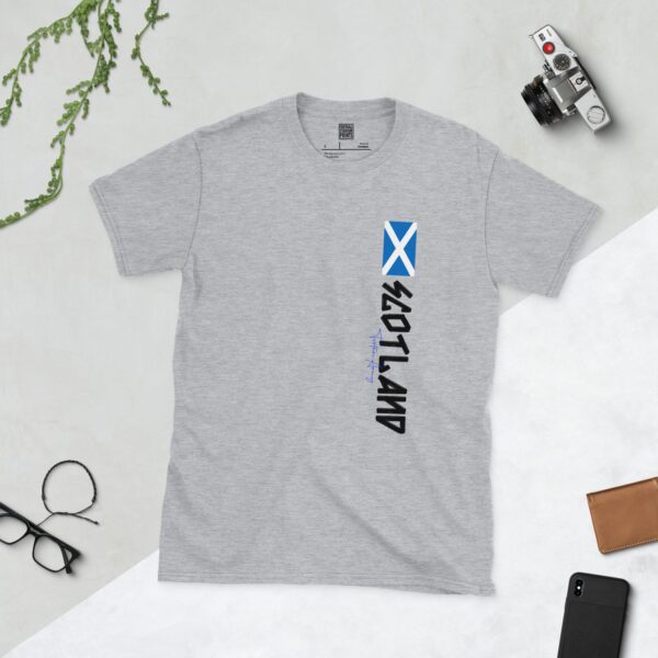 Vertical Scotland Flag T-Shirt in Sports Grey – Saltire with "SCOTLAND" Text and Tartan Army Script