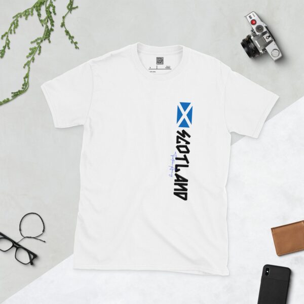 Vertical Scotland Flag T-Shirt in White – Saltire with "SCOTLAND" Text and Tartan Army Script