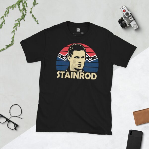 Black T-Shirt: Simon Stainrod Falkirk FC T-Shirt in Black – Navy Blue 1990s Kit Design with STAINROD Lettering