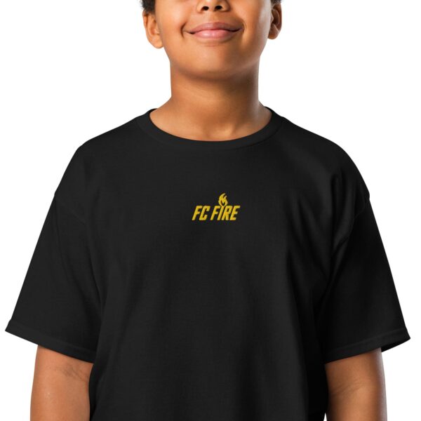 Black FC Fire embroidered gold logo t-shirt – premium football tee for ages 12-18