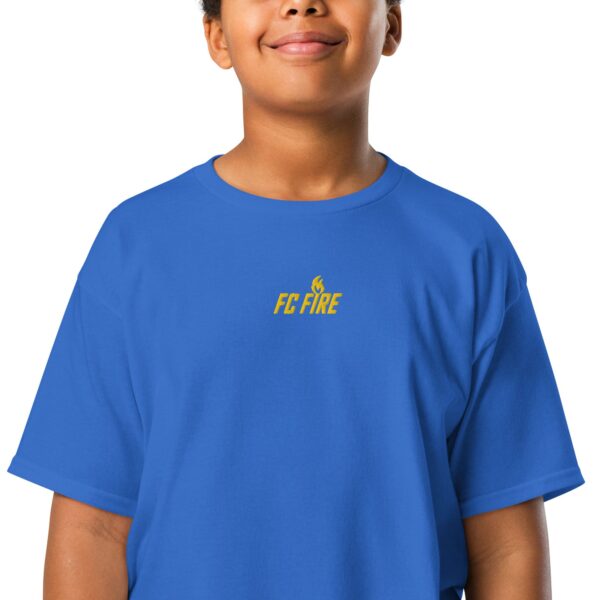 Royal blue FC Fire embroidered gold logo t-shirt – premium football tee for ages 12-18