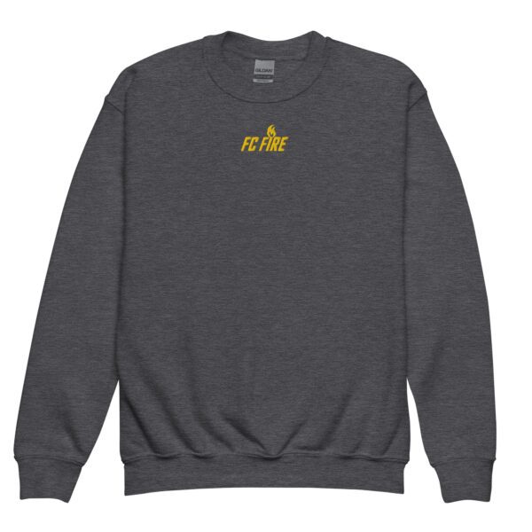 Dark heather FC Fire embroidered football sweatshirt laid flat – premium youth crewneck from Enfield
