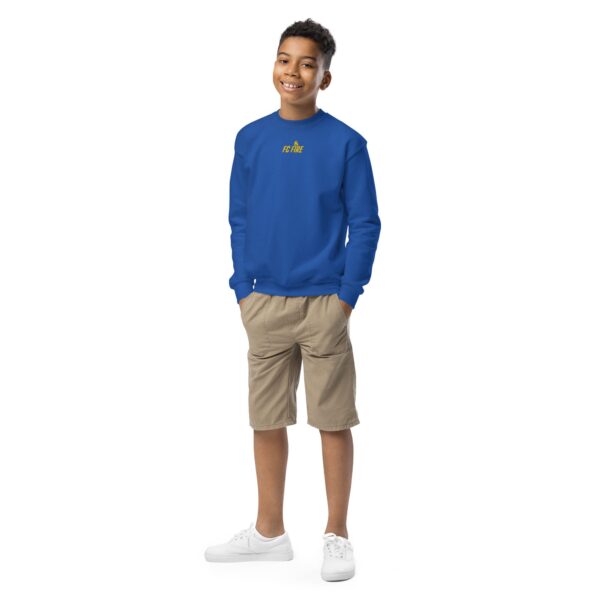 Royal blue FC Fire youth football sweatshirt with embroidered logo – UK-made crewneck for juniors