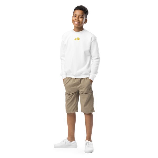 White FC Fire youth football sweatshirt with embroidered logo – UK-made crewneck for juniors