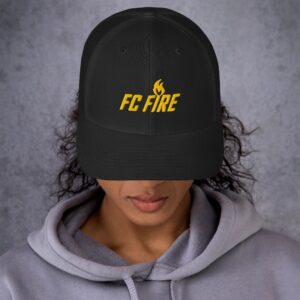 Black FC Fire retro trucker hat with gold embroidered logo – adjustable football cap