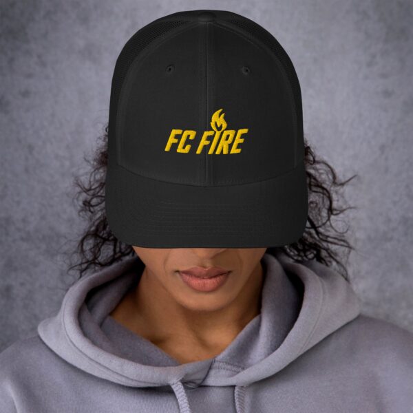 Black FC Fire retro trucker hat with gold embroidered logo – adjustable football cap