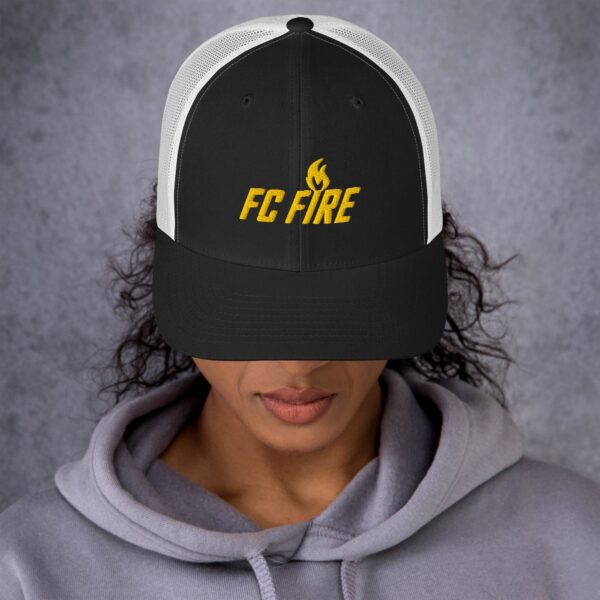 Black and white FC Fire retro trucker hat with gold embroidered logo – adjustable football cap