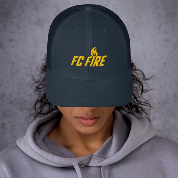 Navy FC Fire retro trucker hat with gold embroidered logo – adjustable football cap