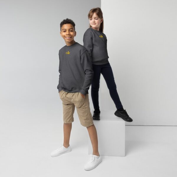 Boy and girl wearing matching dark heather FC Fire embroidered football sweatshirts – junior team style