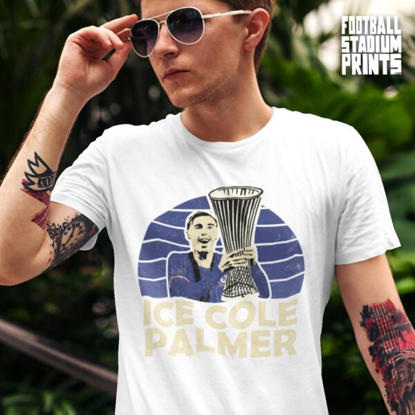 A man wearing sunglasses wearing a white t-shirt of Ice Cole Palmer, Chelsea player.