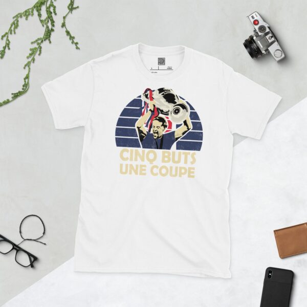 Luis Enrique PSG Trophy Lift T-Shirt in white – 2025 UCL Final with "Cinq Buts, Une Coupe" Text