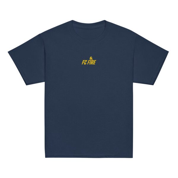 Navy FC Fire embroidered gold logo t-shirt laid flat – premium football tee for teens