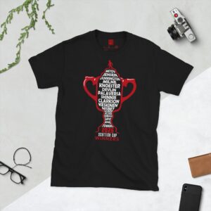 A black T-shirt featuring a red outline of the Scottish Cup, with white text listing the names of every Aberdeen player from the 2025 Scottish Cup winning team, and "2025 SCOTTISH CUP WINNERS" below.
