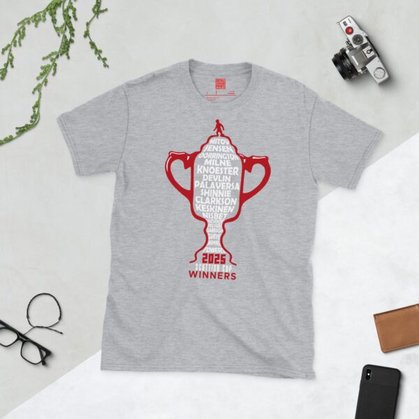A sports grey T-shirt featuring a red outline of the Scottish Cup, with white text listing the names of every Aberdeen player from the 2025 Scottish Cup winning team, and "2025 SCOTTISH CUP WINNERS" below.
