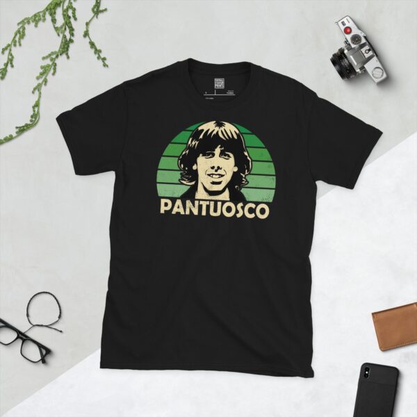 A black Francis Pantuosco T-shirt featuring a green sunburst design with "PANTUOSCO" written under the main graphic.