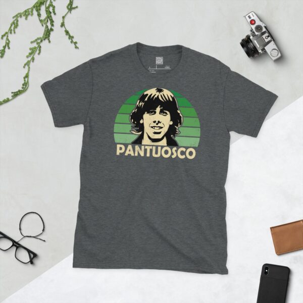 A dark heather Francis Pantuosco T-shirt featuring a green sunburst design with "PANTUOSCO" written under the main graphic.