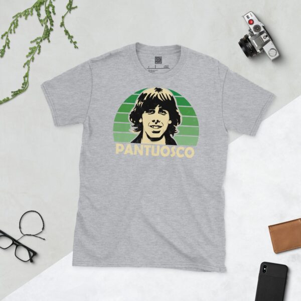 A sports grey Francis Pantuosco T-shirt featuring a green sunburst design with "PANTUOSCO" written under the main graphic.