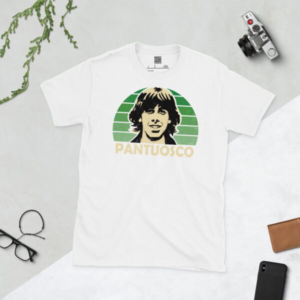 A white Francis Pantuosco T-shirt featuring a green sunburst design with "PANTUOSCO" written under the main graphic.