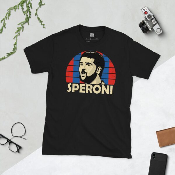 A black Julian Speroni T-shirt featuring a blue and red striped sunburst design with "SPERONI" written under the main graphic.