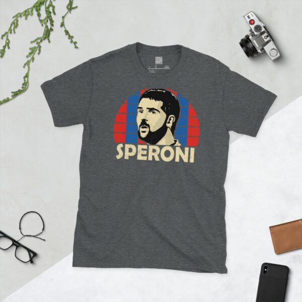 A dark heather Julian Speroni T-shirt featuring a blue and red striped sunburst design with "SPERONI" written under the main graphic.