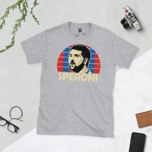 A sports grey Julian Speroni T-shirt featuring a blue and red striped sunburst design with "SPERONI" written under the main graphic.