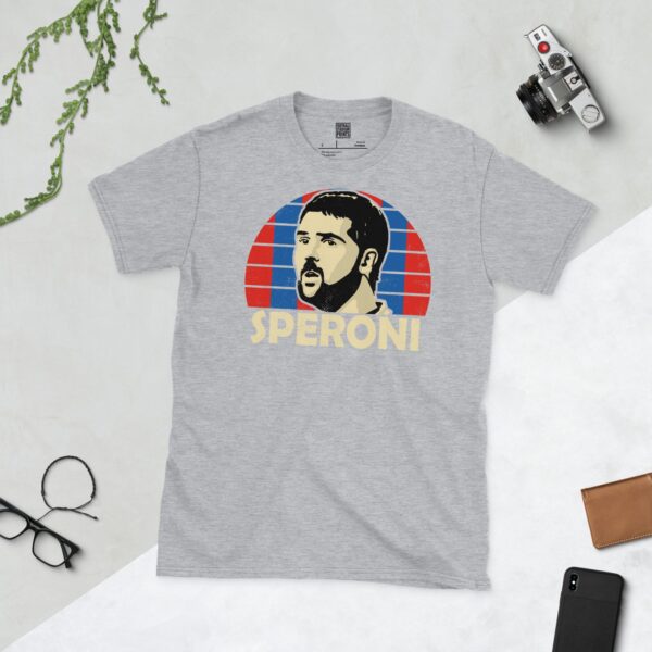 A sports grey Julian Speroni T-shirt featuring a blue and red striped sunburst design with "SPERONI" written under the main graphic.