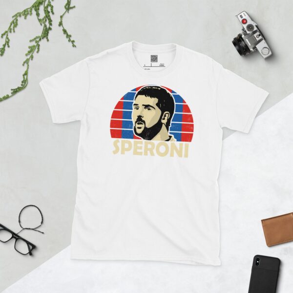 Show your Crystal Palace pride in this white Julian Speroni T-shirt. It features a blue and red striped sunburst design with "SPERONI" written under the main graphic.