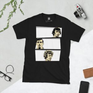 A black T-shirt featuring a design with three stacked white blocks. Each block contains a stencil image of a Derby County legend: Kevin Hector, Alan Hinton, and John O'Hare, celebrating the club's league winners.