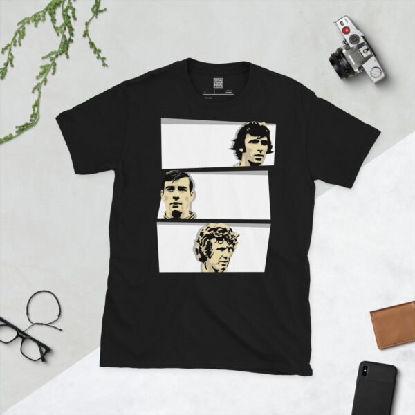 A black T-shirt featuring a design with three stacked white blocks. Each block contains a stencil image of a Derby County legend: Kevin Hector, Alan Hinton, and John O'Hare, celebrating the club's league winners.