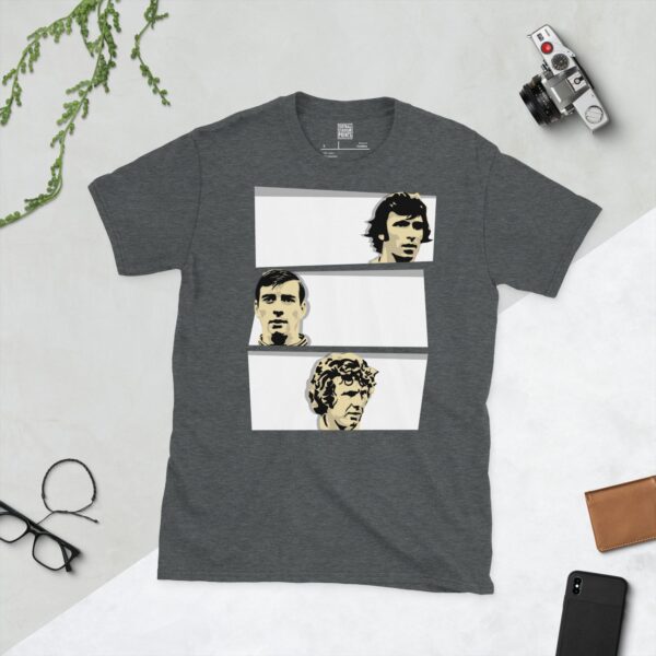 A dark heather T-shirt featuring a design with three stacked white blocks. Each block contains a stencil image of a Derby County legend: Kevin Hector, Alan Hinton, and John O'Hare, celebrating the club's league winners.