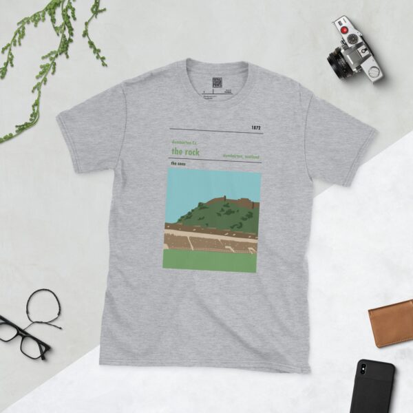 A versatile sports grey T-shirt featuring a vibrant graphic of the famous Dumbarton Rock and the associated football stadium, commemorating Dumbarton FC and their heritage since 1872.