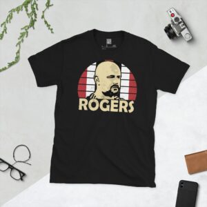 A black Scott Rogers T-shirt featuring a red, white, and black sunburst design with "ROGERS" written under the main graphic.