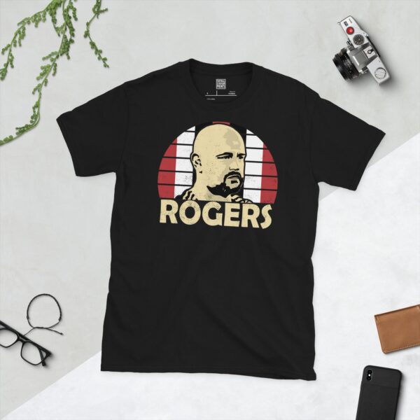 A black Scott Rogers T-shirt featuring a red, white, and black sunburst design with "ROGERS" written under the main graphic.