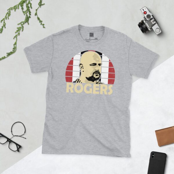 A sports grey Scott Rogers T-shirt featuring a red, white, and black sunburst design with "ROGERS" written under the main graphic.