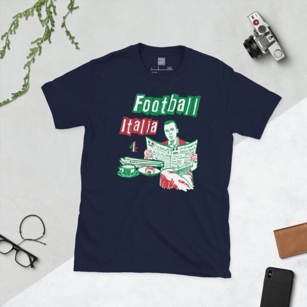 A navy blue T-shirt featuring a green, white, and red graphic of James Richardson sat at a cafe table reading La Gazzetta Dello Sport, in tribute to Channel 4's Football Italia.