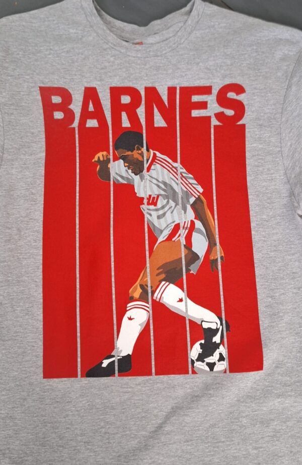 A close-up of a sports grey t-shirt of John Barnes, ex-Liverpool