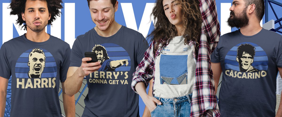 Three men and one woman wearing various Millwall FC T-Shirts that feature Neil Harris, Tony Cascarino, Terry Hurlock and The Den
