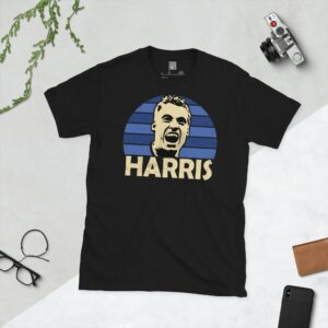 A black Neil Harris T-shirt featuring a blue sunburst design with "HARRIS" written under the main graphic.