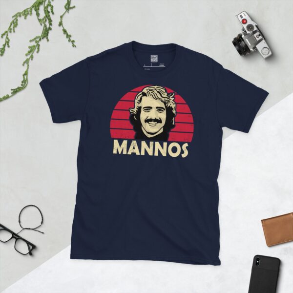 Celebrate NIU Huskies legend Peter Mannos with this navy blue tee. It features a striking Cardinal red sunburst design with "MANNOS" written under the main graphic.